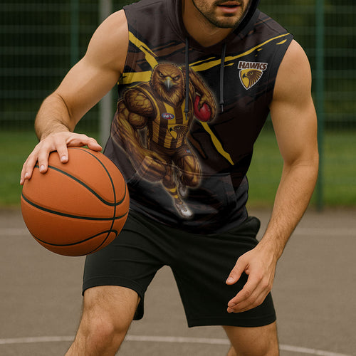 Hawthorn Football Club Sleeveless Hoodie Hawks Muscular Mascot Graphic - Abstract Paint Splatter Art
