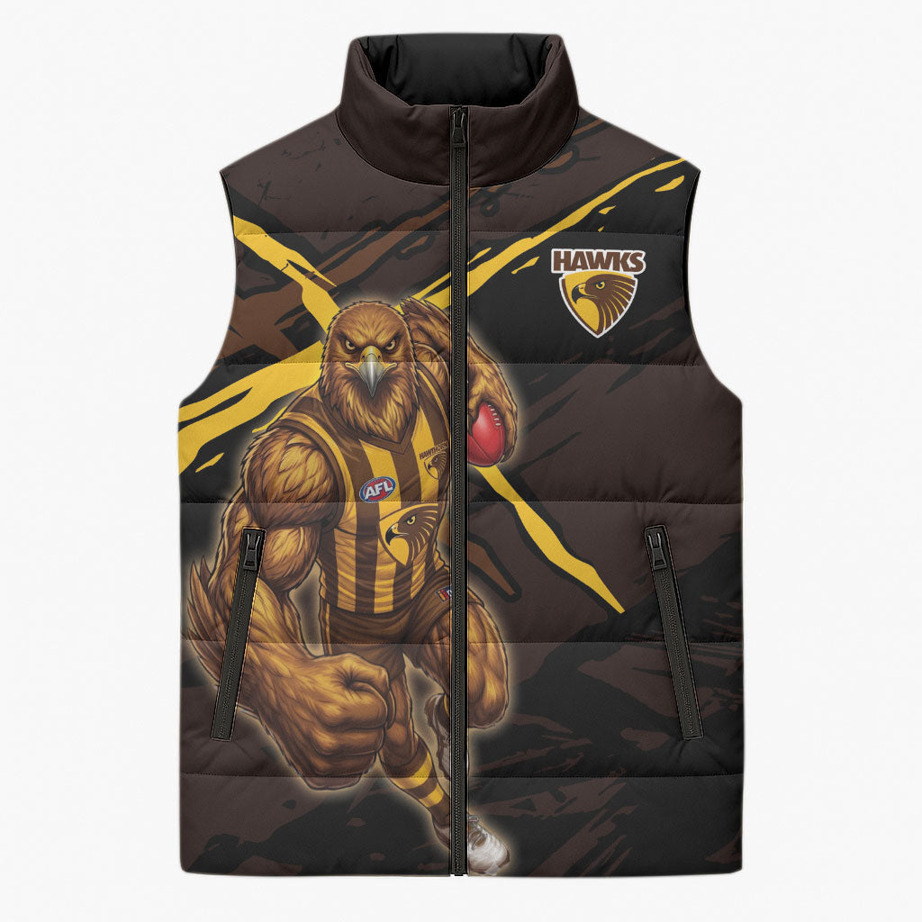 Hawthorn Football Club Sleeveless Puffer Jacket Hawks Muscular Mascot Graphic - Abstract Paint Splatter Art