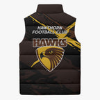 Hawthorn Football Club Sleeveless Puffer Jacket Hawks Muscular Mascot Graphic - Abstract Paint Splatter Art