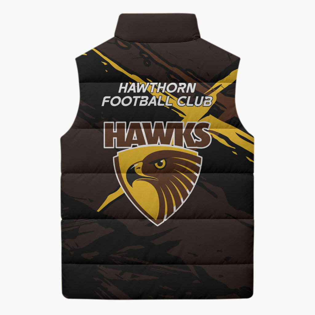 Hawthorn Football Club Sleeveless Puffer Jacket Hawks Muscular Mascot Graphic - Abstract Paint Splatter Art