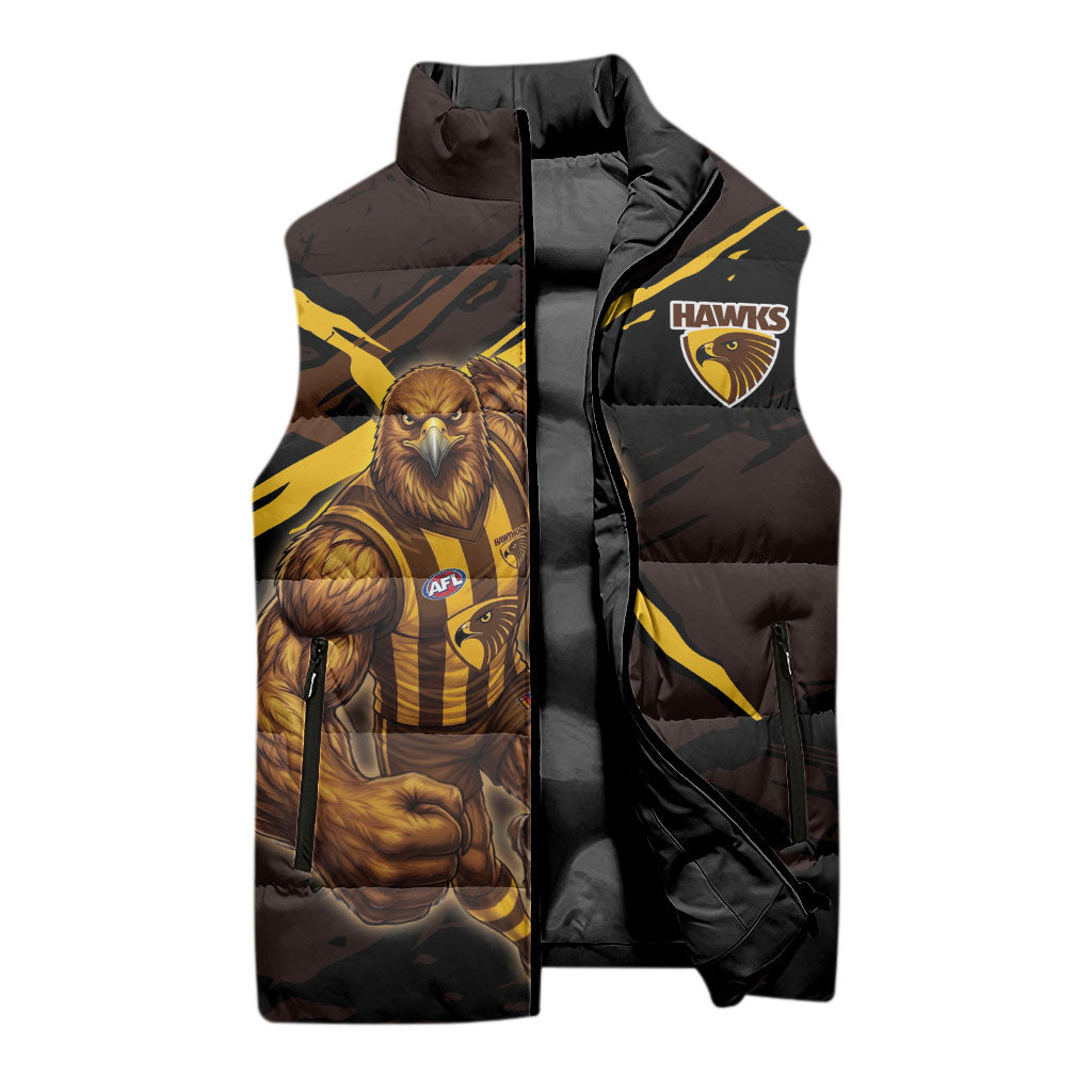 Hawthorn Football Club Sleeveless Puffer Jacket Hawks Muscular Mascot Graphic - Abstract Paint Splatter Art