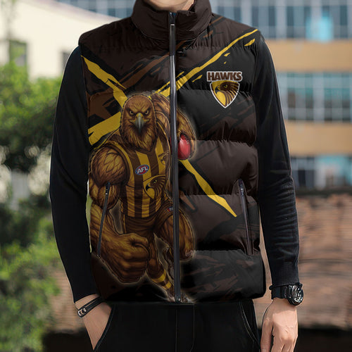 Hawthorn Football Club Sleeveless Puffer Jacket Hawks Muscular Mascot Graphic - Abstract Paint Splatter Art