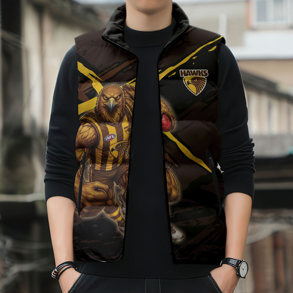 Hawthorn Football Club Sleeveless Puffer Jacket Hawks Muscular Mascot Graphic - Abstract Paint Splatter Art