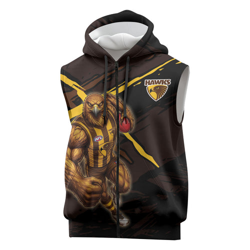 Hawthorn Football Club Sleeveless Zip Hoodie Hawks Muscular Mascot Graphic - Abstract Paint Splatter Art