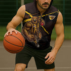 Hawthorn Football Club Sleeveless Zip Hoodie Hawks Muscular Mascot Graphic - Abstract Paint Splatter Art
