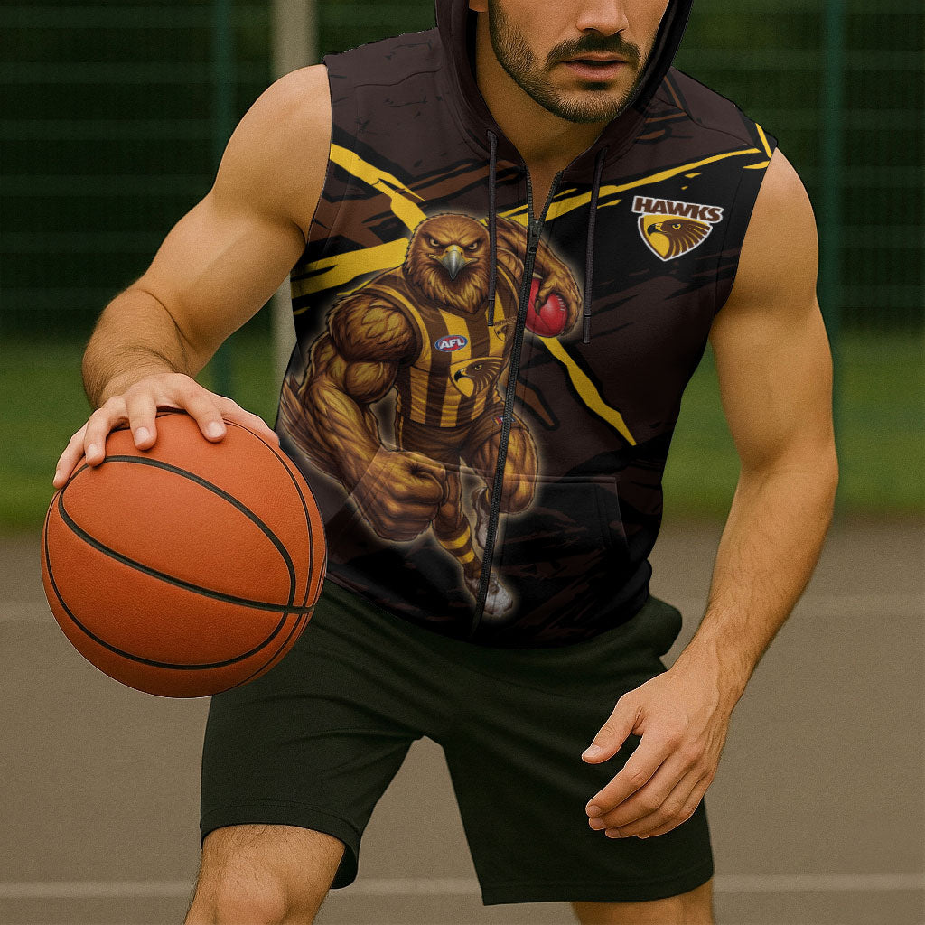 Hawthorn Football Club Sleeveless Zip Hoodie Hawks Muscular Mascot Graphic - Abstract Paint Splatter Art