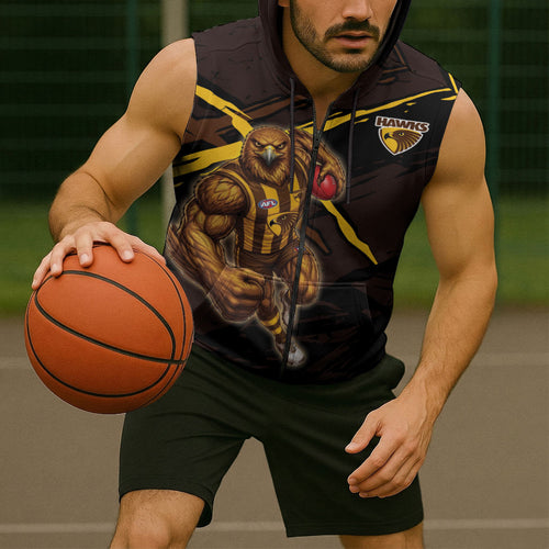 Hawthorn Football Club Sleeveless Zip Hoodie Hawks Muscular Mascot Graphic - Abstract Paint Splatter Art