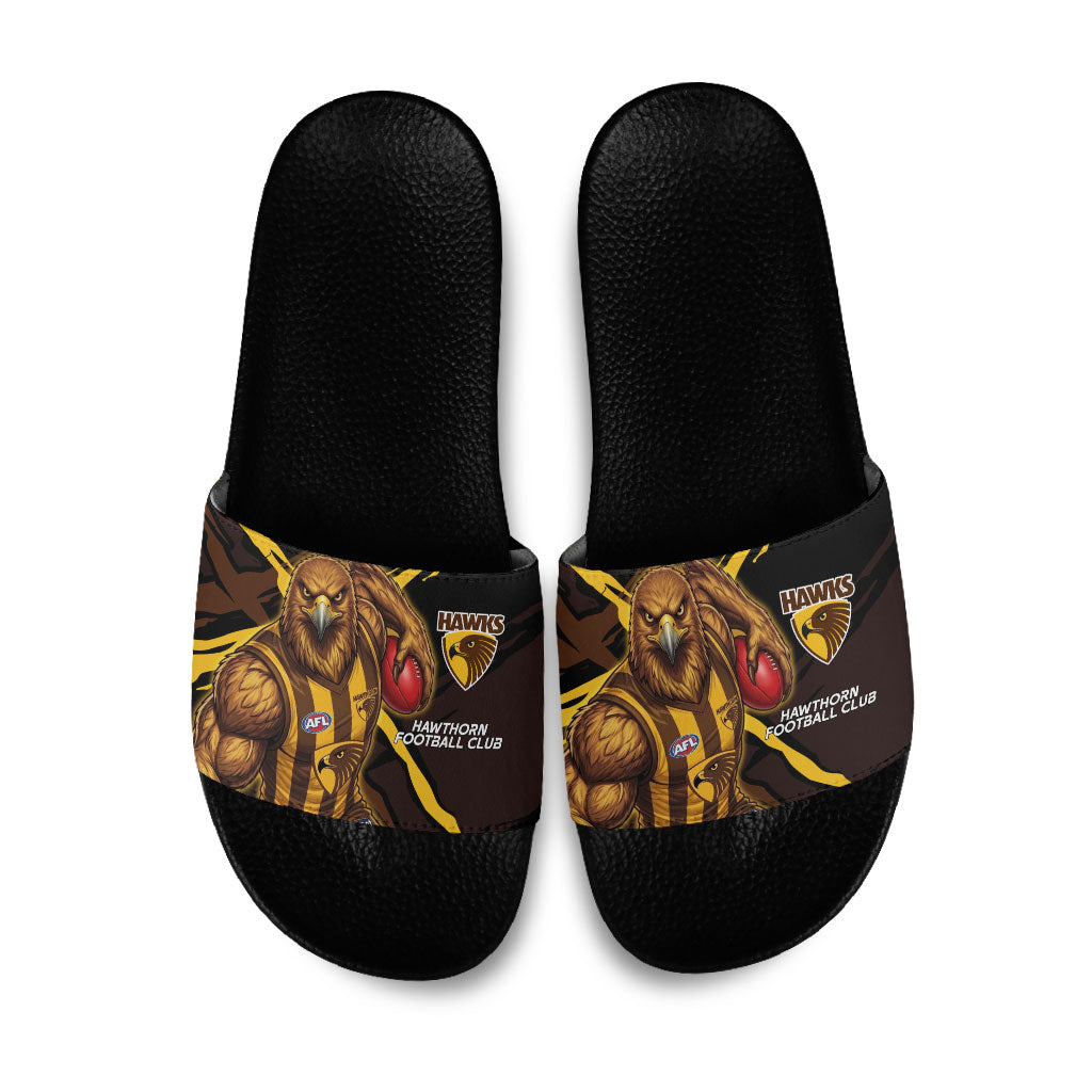 Hawthorn Football Club Slide Sandals Hawks Muscular Mascot Graphic - Abstract Paint Splatter Art