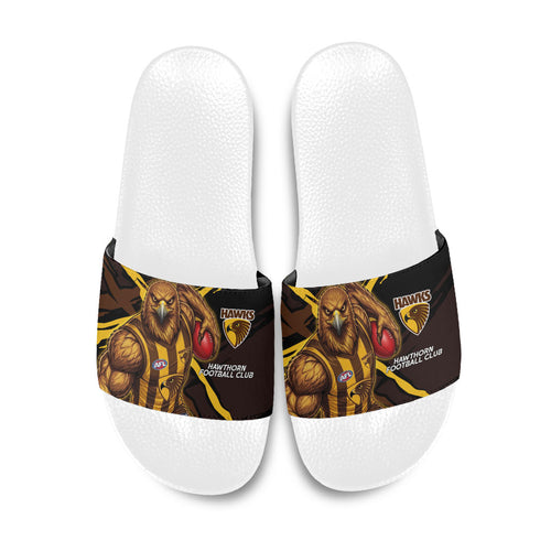 Hawthorn Football Club Slide Sandals Hawks Muscular Mascot Graphic - Abstract Paint Splatter Art