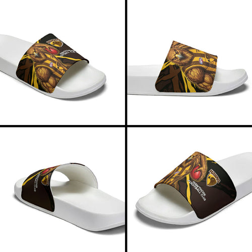 Hawthorn Football Club Slide Sandals Hawks Muscular Mascot Graphic - Abstract Paint Splatter Art