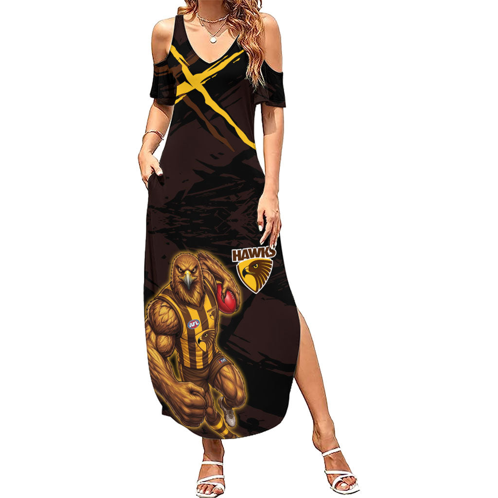 Hawthorn Football Club Summer Maxi Dress Hawks Muscular Mascot Graphic - Abstract Paint Splatter Art