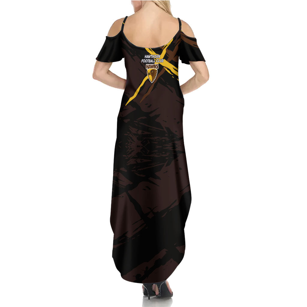 Hawthorn Football Club Summer Maxi Dress Hawks Muscular Mascot Graphic - Abstract Paint Splatter Art