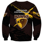 Hawthorn Football Club Sweatshirt Hawks Muscular Mascot Graphic - Abstract Paint Splatter Art