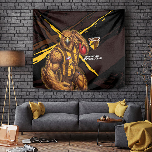 Hawthorn Football Club Tapestry Hawks Muscular Mascot Graphic - Abstract Paint Splatter Art