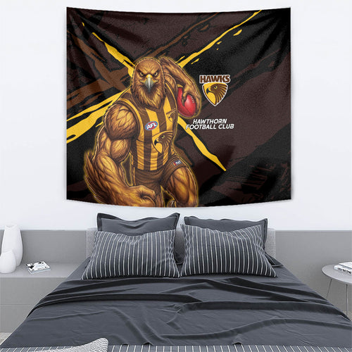 Hawthorn Football Club Tapestry Hawks Muscular Mascot Graphic - Abstract Paint Splatter Art
