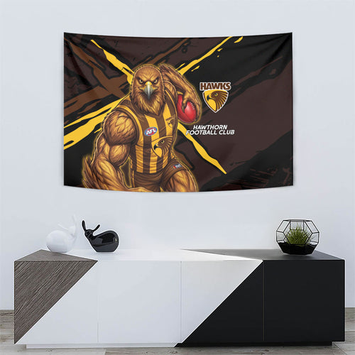 Hawthorn Football Club Tapestry Hawks Muscular Mascot Graphic - Abstract Paint Splatter Art