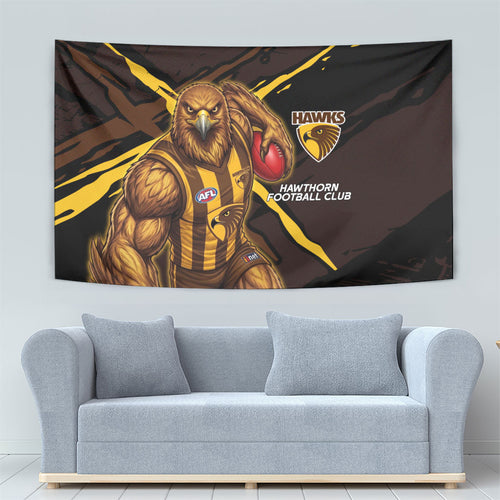 Hawthorn Football Club Tapestry Hawks Muscular Mascot Graphic - Abstract Paint Splatter Art