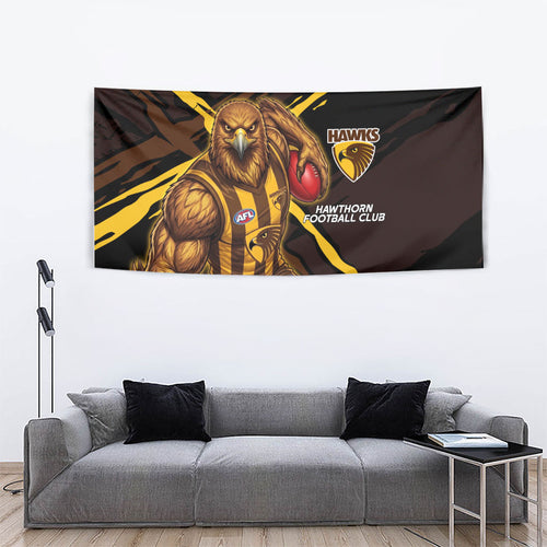 Hawthorn Football Club Tapestry Hawks Muscular Mascot Graphic - Abstract Paint Splatter Art
