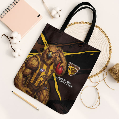 Hawthorn Football Club Tote Bag Hawks Muscular Mascot Graphic - Abstract Paint Splatter Art