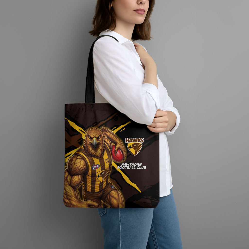 Hawthorn Football Club Tote Bag Hawks Muscular Mascot Graphic - Abstract Paint Splatter Art
