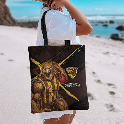 Hawthorn Football Club Tote Bag Hawks Muscular Mascot Graphic - Abstract Paint Splatter Art