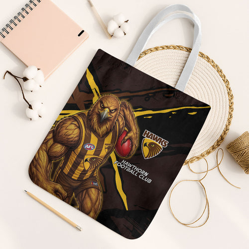 Hawthorn Football Club Tote Bag Hawks Muscular Mascot Graphic - Abstract Paint Splatter Art
