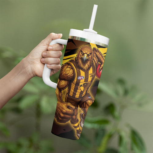 Hawthorn Football Club Tumbler With Handle Hawks Muscular Mascot Graphic - Abstract Paint Splatter Art