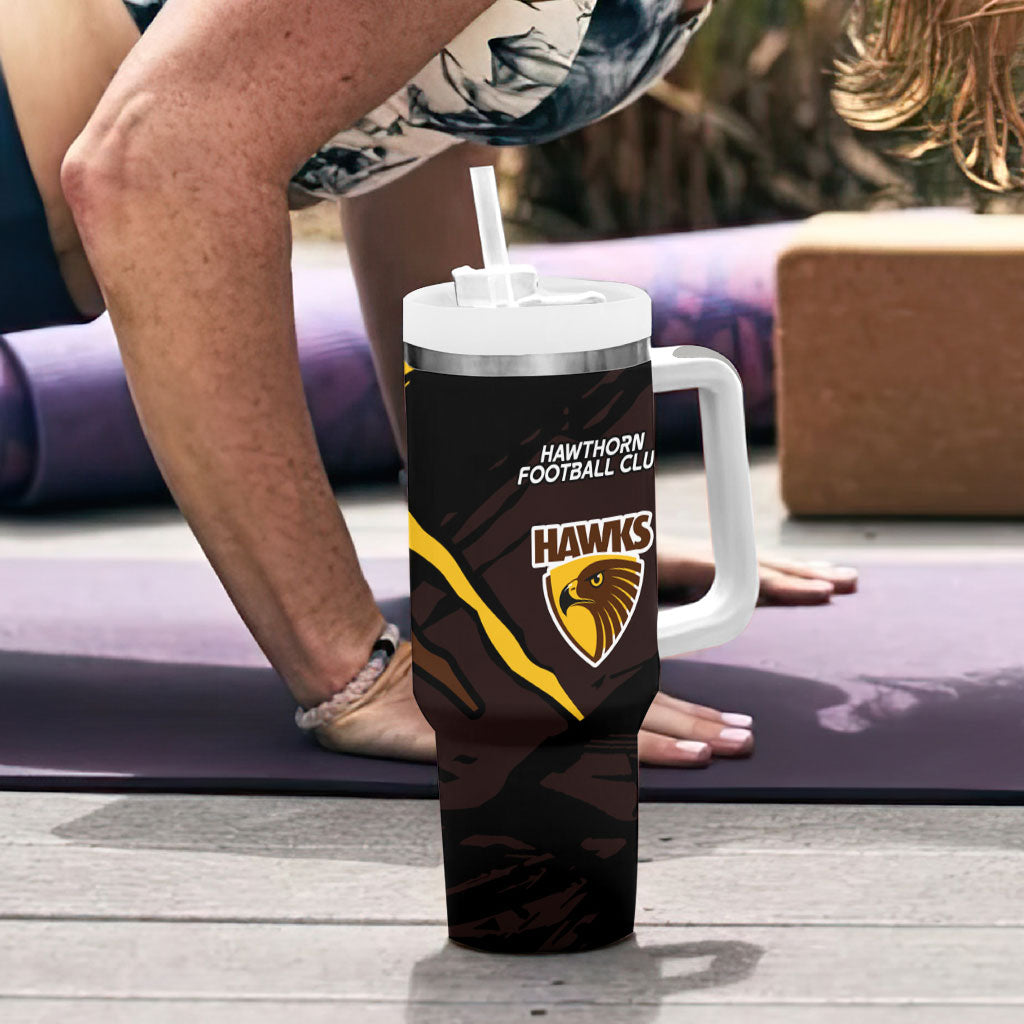 Hawthorn Football Club Tumbler With Handle Hawks Muscular Mascot Graphic - Abstract Paint Splatter Art