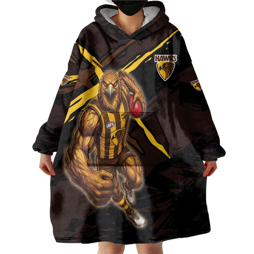 Hawthorn Football Club Wearable Blanket Hoodie Hawks Muscular Mascot Graphic - Abstract Paint Splatter Art