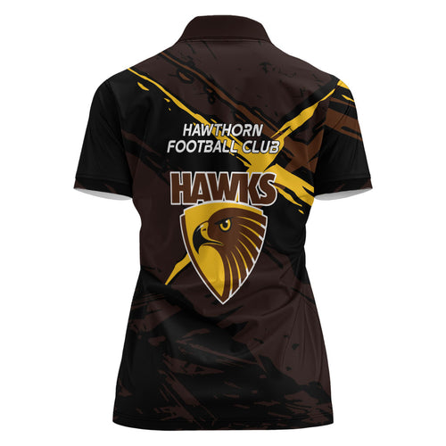Hawthorn Football Club Women Polo Shirt Hawks Muscular Mascot Graphic - Abstract Paint Splatter Art