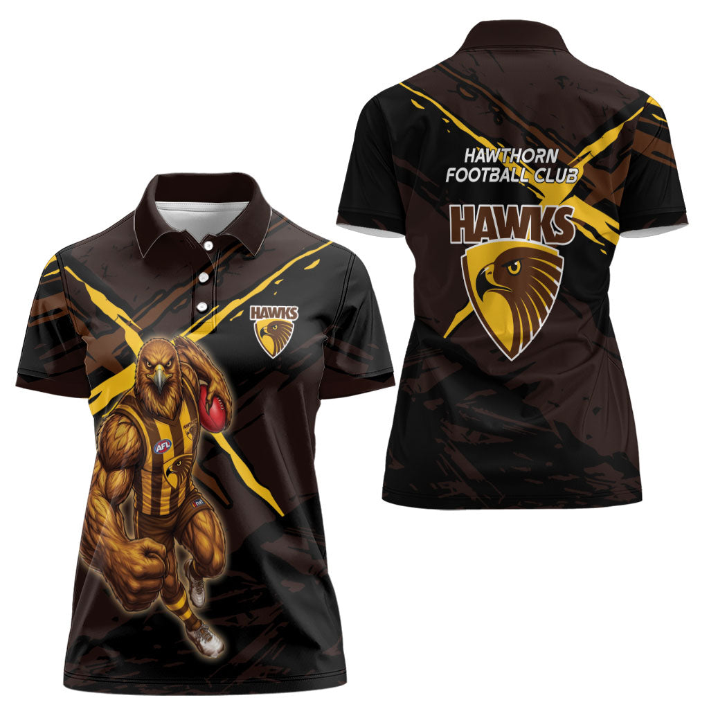 Hawthorn Football Club Women Polo Shirt Hawks Muscular Mascot Graphic - Abstract Paint Splatter Art