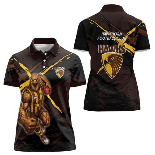 Hawthorn Football Club Women Polo Shirt Hawks Muscular Mascot Graphic - Abstract Paint Splatter Art
