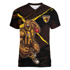 Hawthorn Football Club Women V-Neck T-Shirt Hawks Muscular Mascot Graphic - Abstract Paint Splatter Art