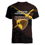 Hawthorn Football Club Women V-Neck T-Shirt Hawks Muscular Mascot Graphic - Abstract Paint Splatter Art