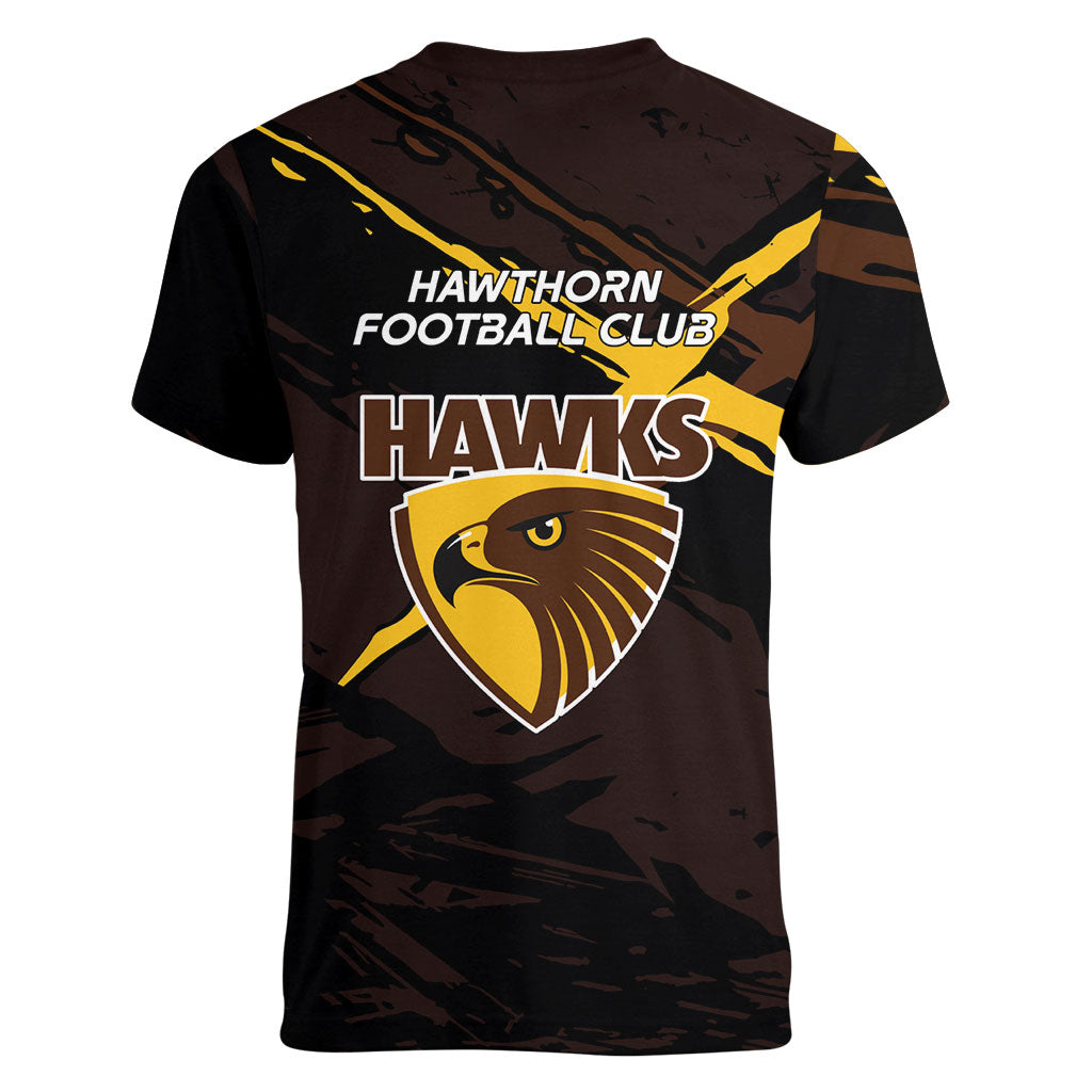 Hawthorn Football Club Women V-Neck T-Shirt Hawks Muscular Mascot Graphic - Abstract Paint Splatter Art