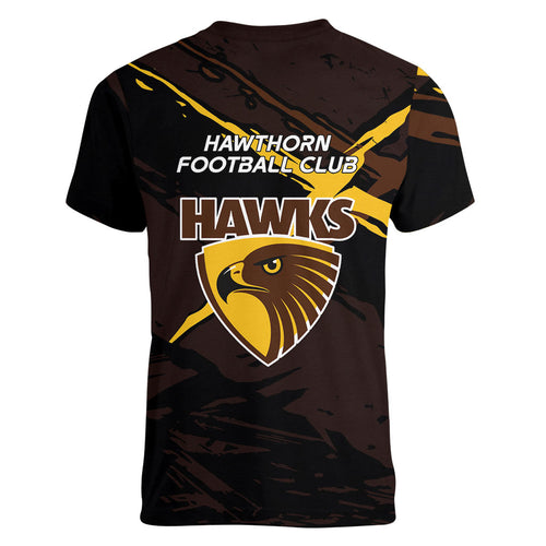 Hawthorn Football Club Women V-Neck T-Shirt Hawks Muscular Mascot Graphic - Abstract Paint Splatter Art