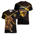 Hawthorn Football Club Women V-Neck T-Shirt Hawks Muscular Mascot Graphic - Abstract Paint Splatter Art