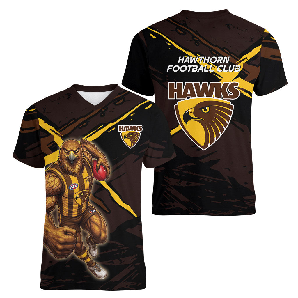 Hawthorn Football Club Women V-Neck T-Shirt Hawks Muscular Mascot Graphic - Abstract Paint Splatter Art