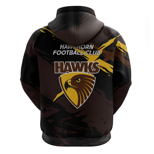 Hawthorn Football Club Zip Hoodie Hawks Muscular Mascot Graphic - Abstract Paint Splatter Art