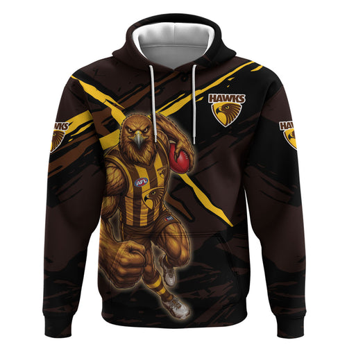 Hawthorn Football Club Zip Hoodie Hawks Muscular Mascot Graphic - Abstract Paint Splatter Art