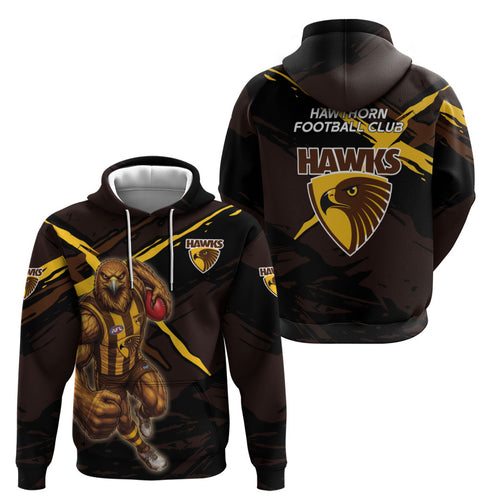 Hawthorn Football Club Zip Hoodie Hawks Muscular Mascot Graphic - Abstract Paint Splatter Art