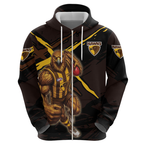 Hawthorn Football Club Zip Hoodie Hawks Muscular Mascot Graphic - Abstract Paint Splatter Art