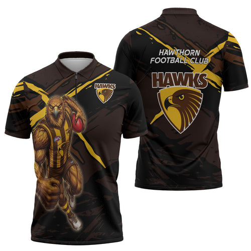 Hawthorn Football Club Zipper Polo Shirt Hawks Muscular Mascot Graphic - Abstract Paint Splatter Art