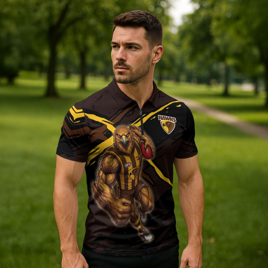 Hawthorn Football Club Zipper Polo Shirt Hawks Muscular Mascot Graphic - Abstract Paint Splatter Art