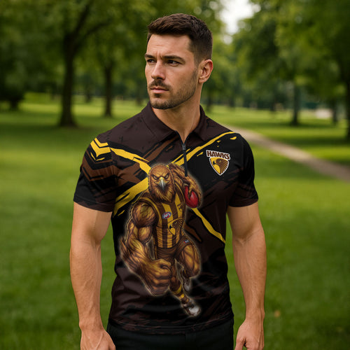 Hawthorn Football Club Zipper Polo Shirt Hawks Muscular Mascot Graphic - Abstract Paint Splatter Art