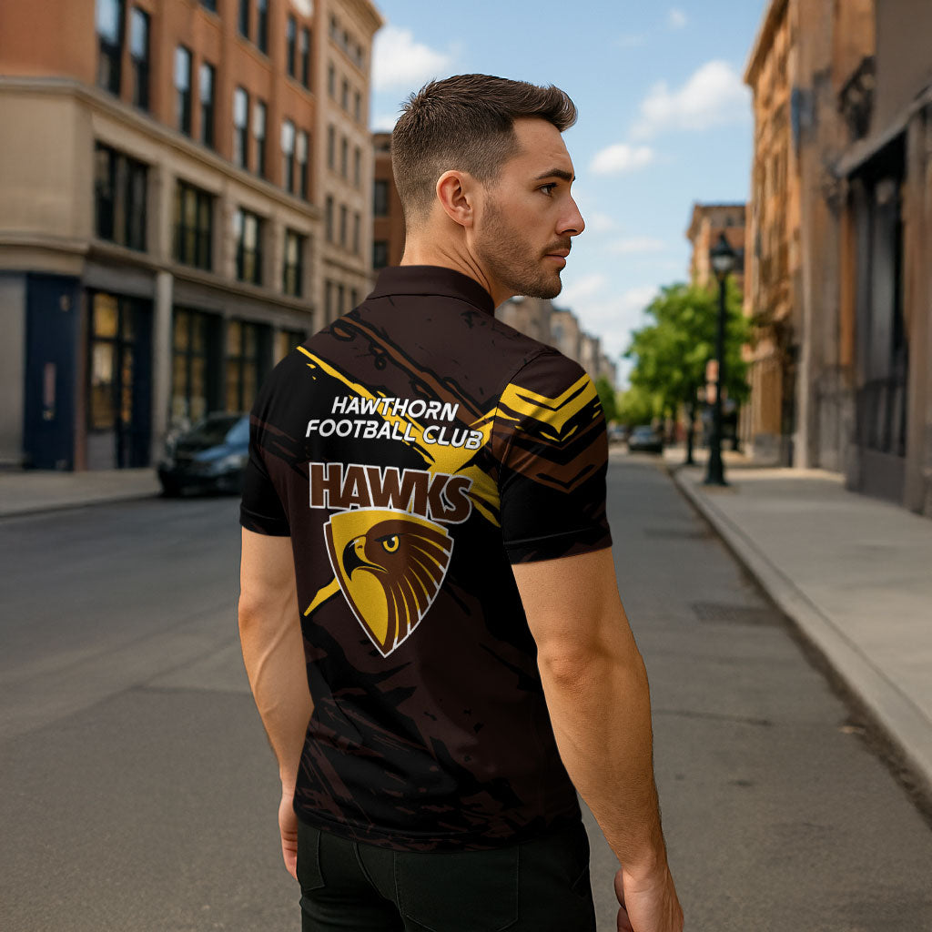 Hawthorn Football Club Zipper Polo Shirt Hawks Muscular Mascot Graphic - Abstract Paint Splatter Art