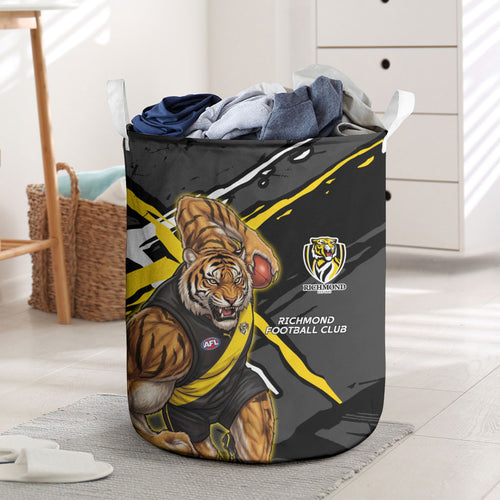 Richmond Football Club Laundry Basket Tigers Muscular Mascot Graphic - Abstract Paint Splatter Art