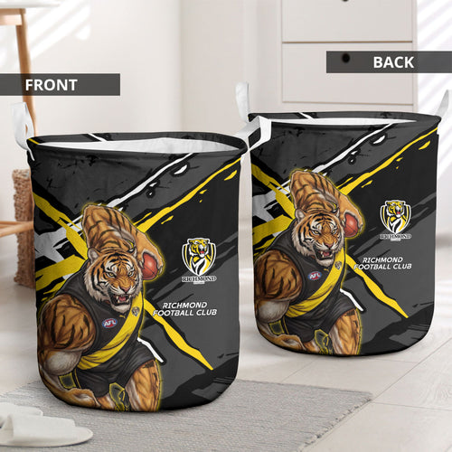 Richmond Football Club Laundry Basket Tigers Muscular Mascot Graphic - Abstract Paint Splatter Art