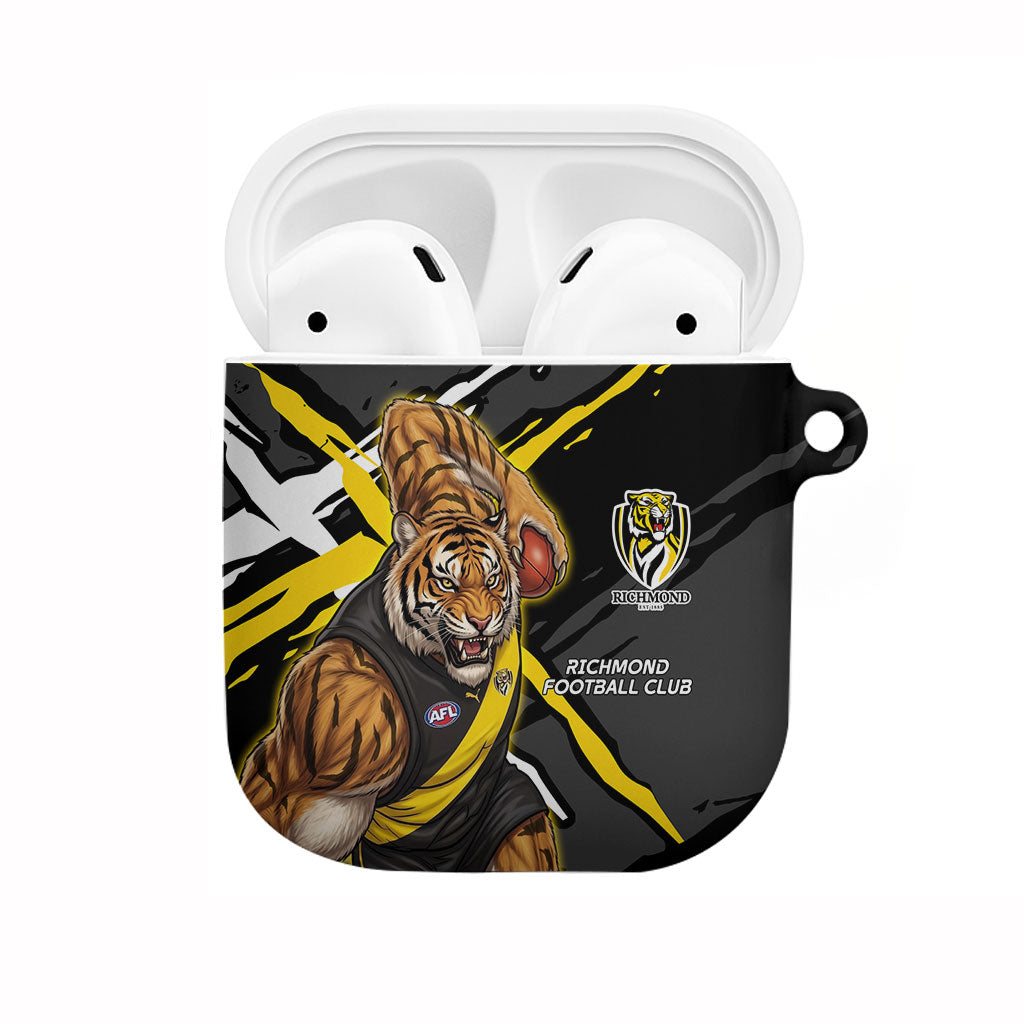 Richmond Football Club AirPods Case Tigers Muscular Mascot Graphic - Abstract Paint Splatter Art