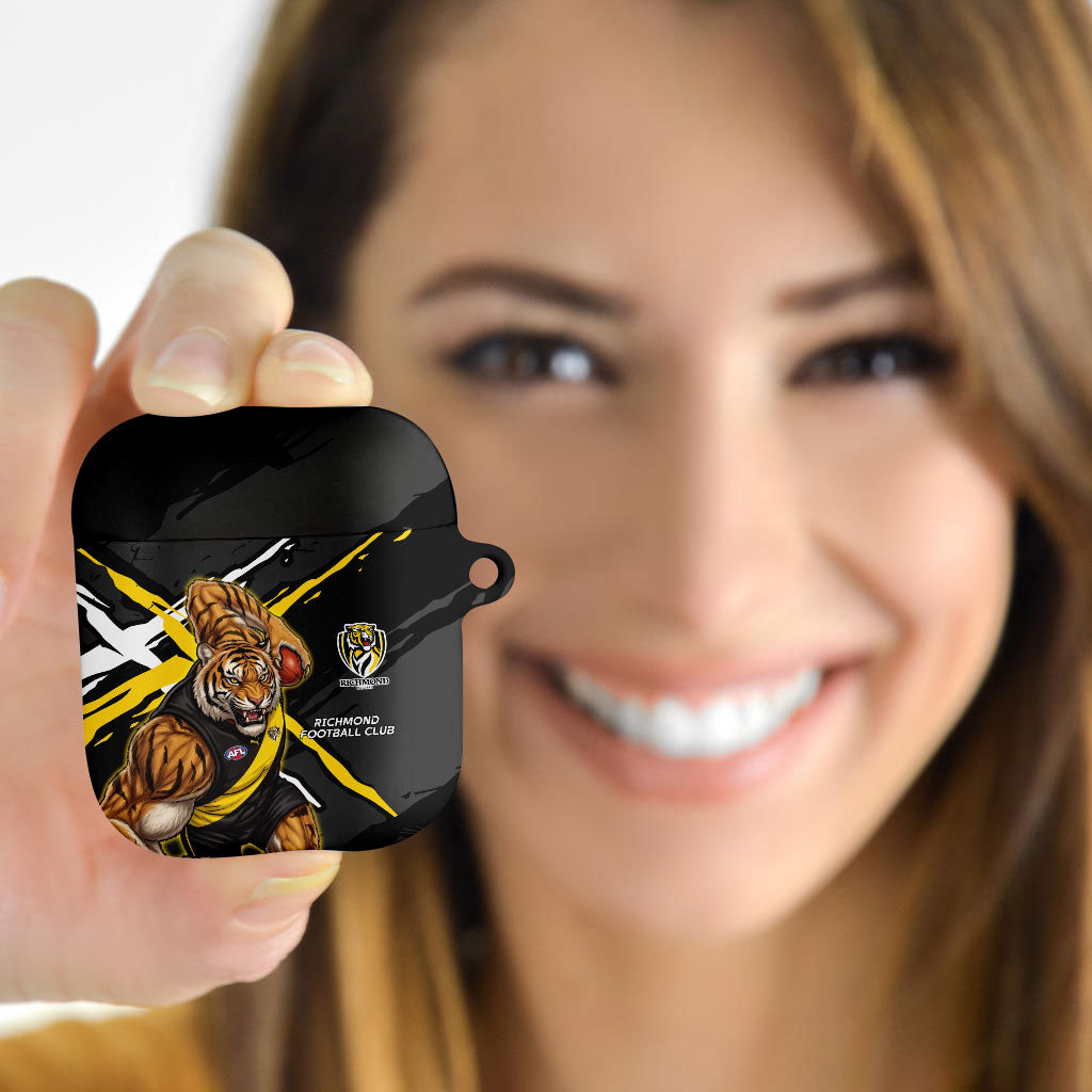 Richmond Football Club AirPods Case Tigers Muscular Mascot Graphic - Abstract Paint Splatter Art